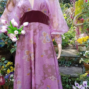 UK 8/10 US 4/6 Amazing Vintage 70's Quad Purple Iridescent Floral Organza and Velvet Maxi Dress with Balloon/Poet/Bishop Sleeves image 7