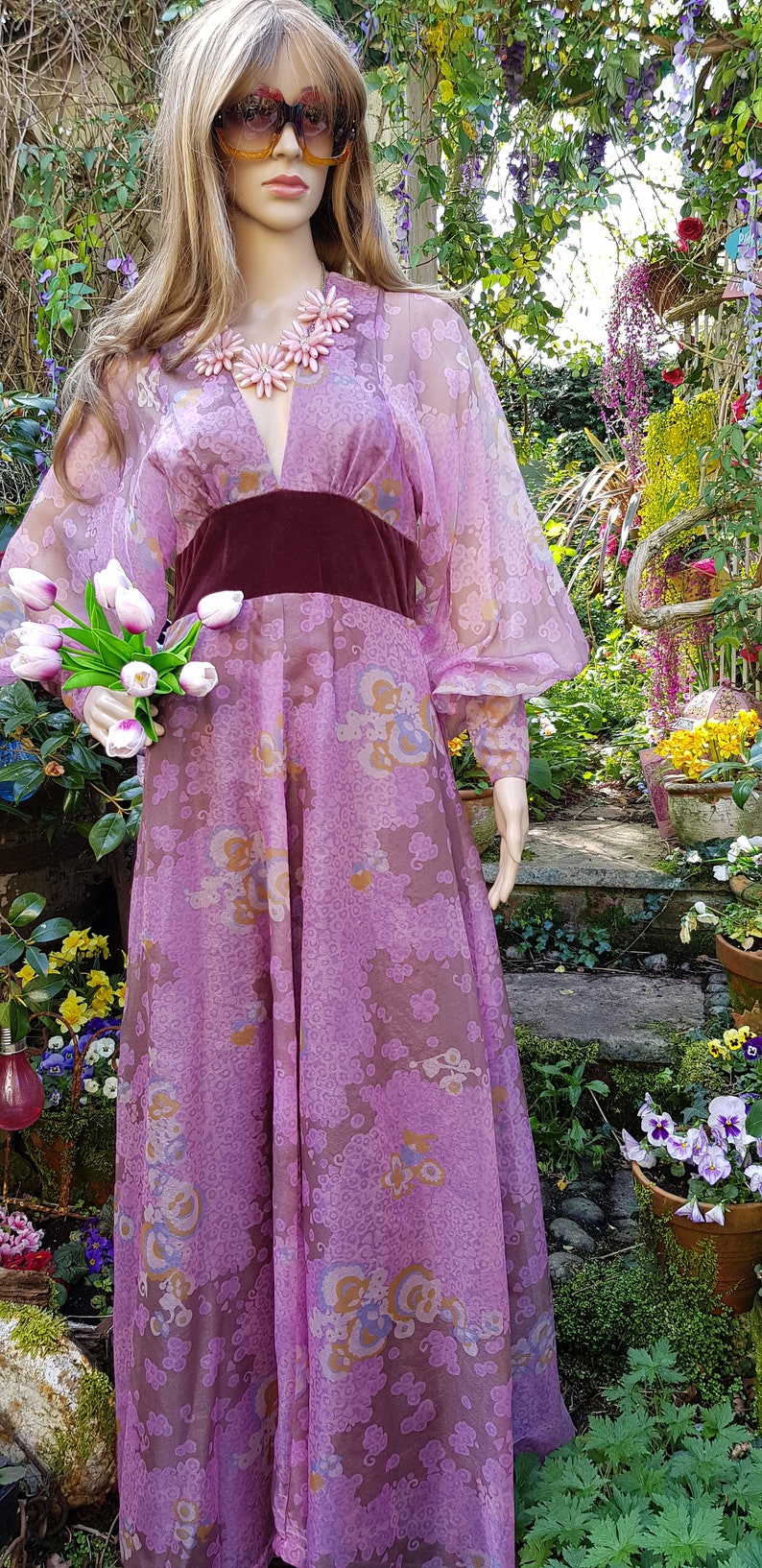 UK 8/10 US 4/6 Amazing Vintage 70's Quad Purple Iridescent Floral Organza and Velvet Maxi Dress with Balloon/Poet/Bishop Sleeves image 7