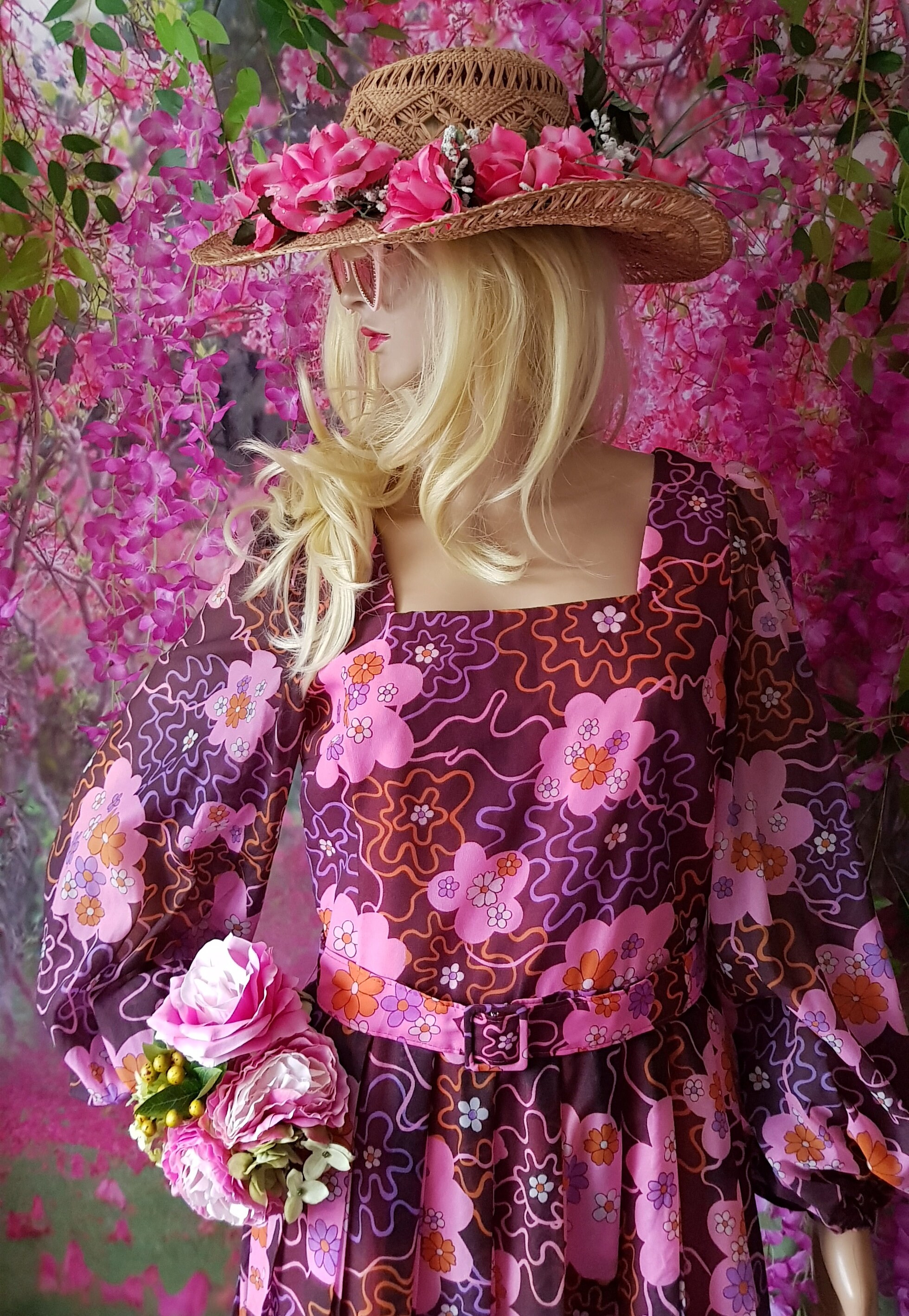 STUNNING 1960s\' DESIGNER  LAVENDER STRAW WIDE BRIM HAT WITH LARGE FABRIC FLOWERS Purple Wide Brim Hat for a Photo Shoot Woman Costume Hats  main image 3