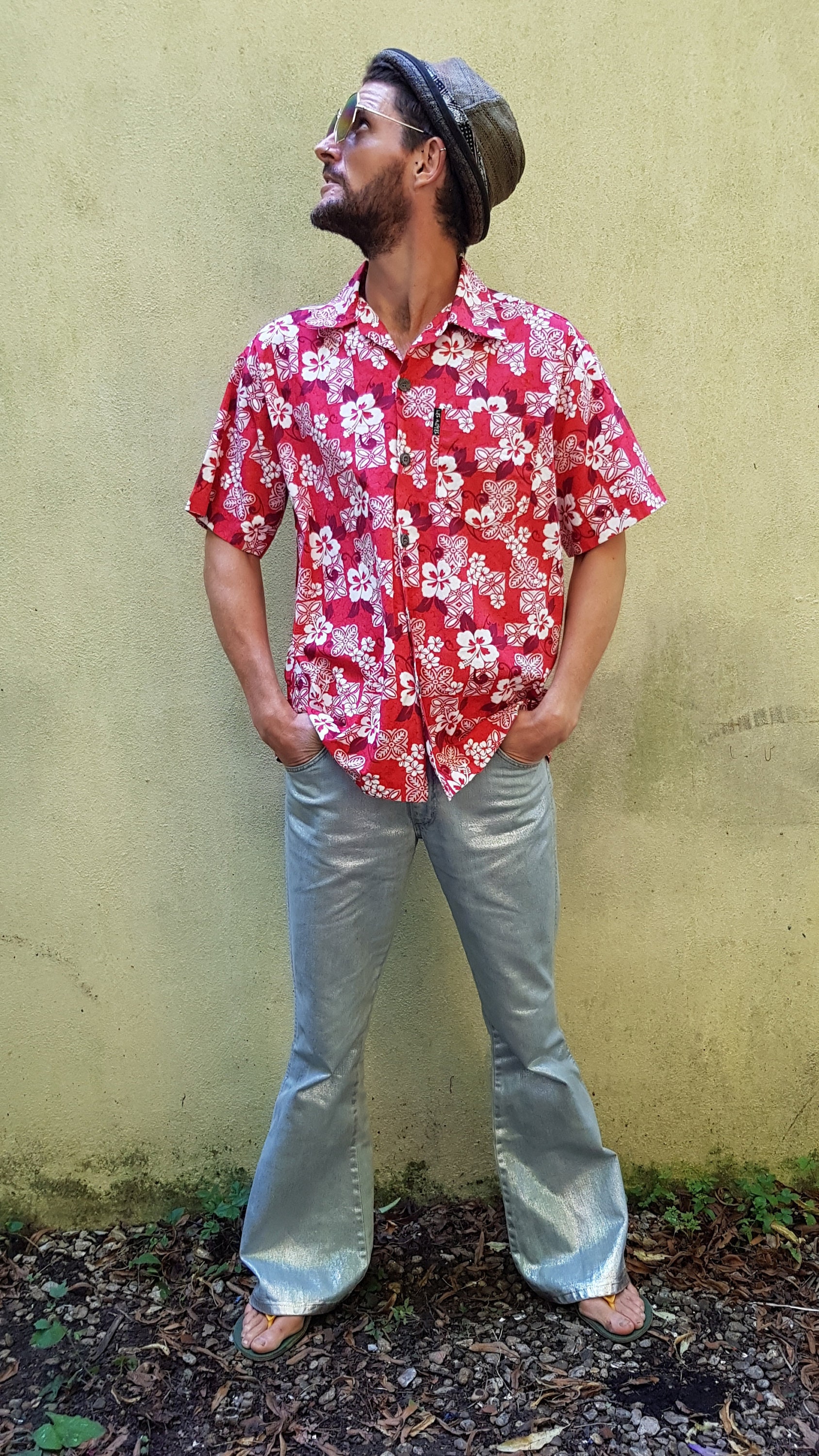 Image of Funky Vintage Red & White Tropical Floral Flower Power Mens Hawaiian Shirt By Les Alites