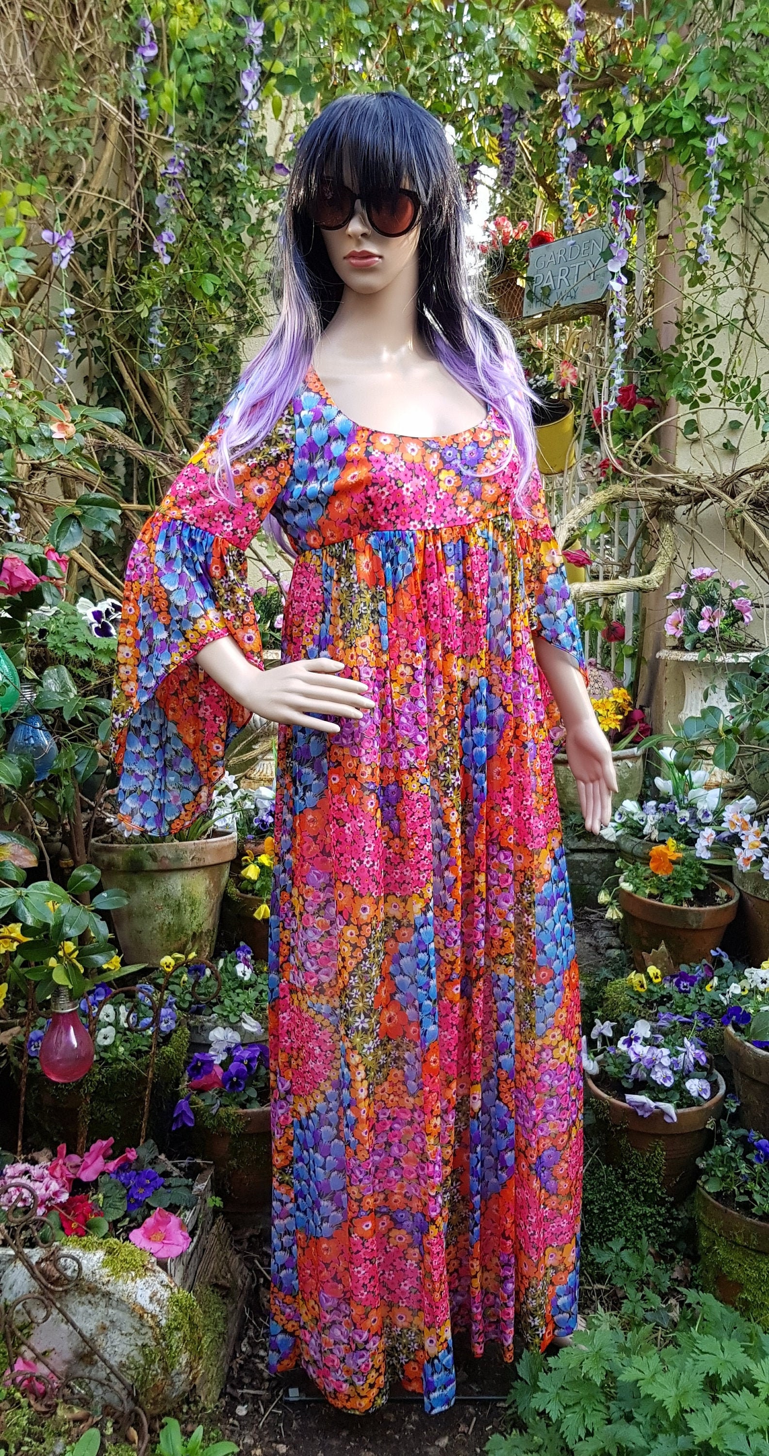 Image of Amazing Vintage S Quad Rainbow Floral Flower Power Maxi Dress With Flared Angel Sleeves