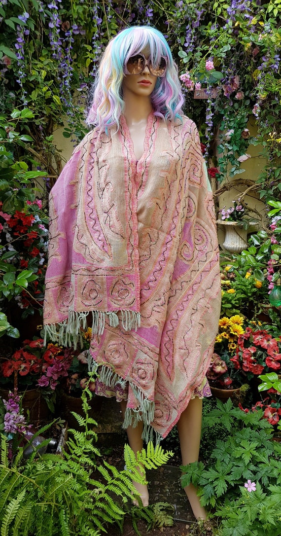Vintage Shawl Gorgeous Vintage 1990s Pink Orange and Pistachio Green Paisley Beaded Pashmina Shawl Etsy UK