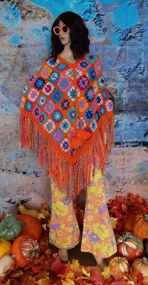 Vintage Poncho: Gorgeous Upcycled Vintage Orange Colourful Floral
