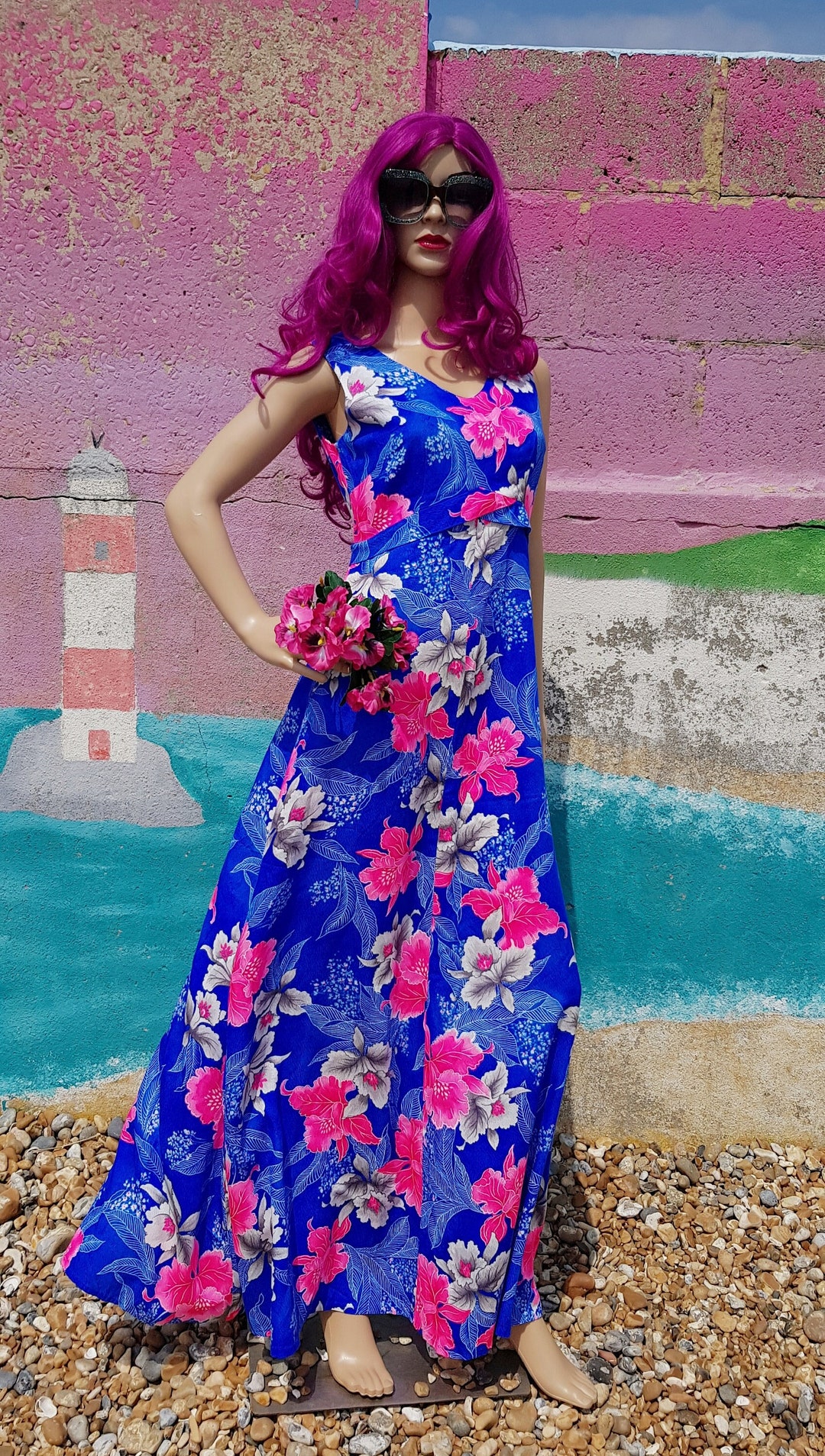 UK (US 4) Splendido abito lungo hawaiano in cotone con motivo