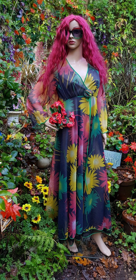 UK 10 (US 6) Fab Vintage 1970s Floaty Green, Yellow and Orange Flower Power  Sheer Nylon Net Layered Maxi Over Dress - Etsy