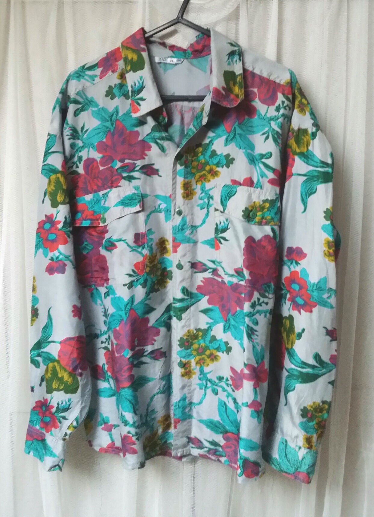 Image of Funky Vintage Silk Blue, Red, Green & Burgundy Tropical Floral Flower Power Mens Hawaiian Shirt