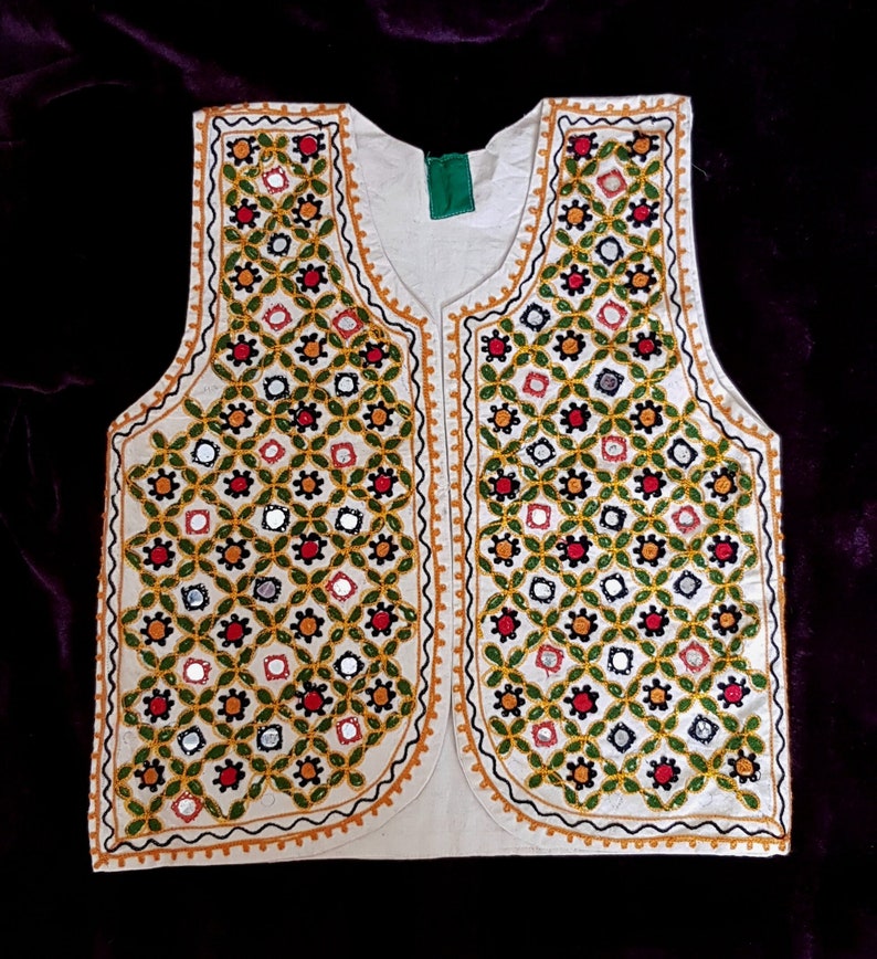 Vintage Waistcoat: Fab Vintage 1980s Cream and Multicoloured Indian Embroidered Mirror Unisex Waistcoat afbeelding 2