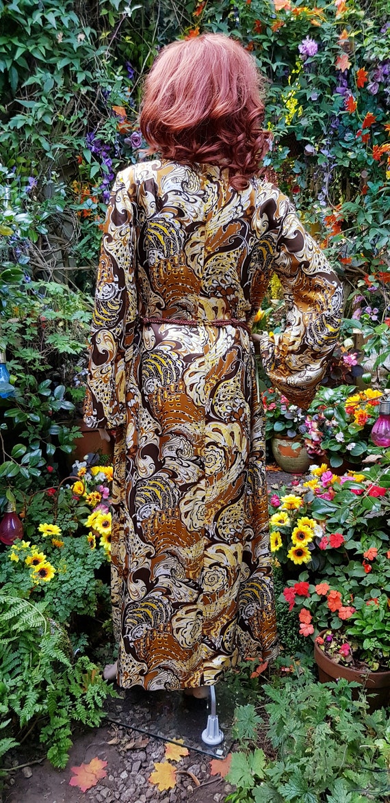 Vintage Kaftan Stunning Vintage 1960s 70s Pure Silk Brown Cream Yellow Paisley Zip Front Kaftan Style High Neck Maxi Dress Flared Sleeves Etsy UK