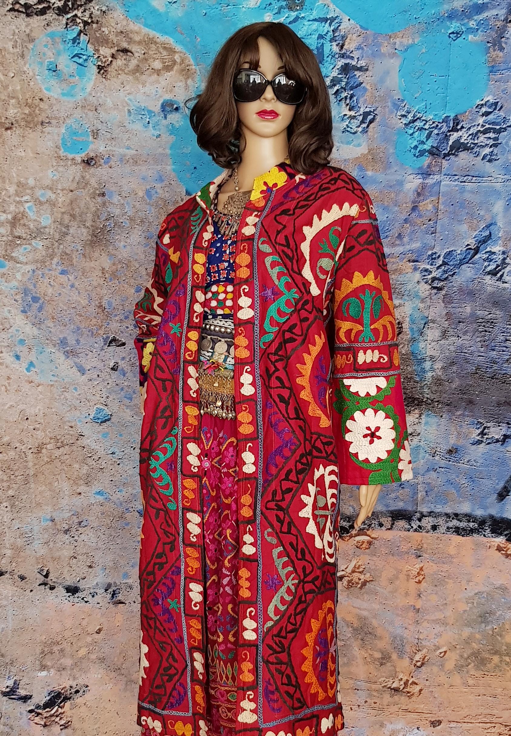 Vintage Coat: Amazing Vintage Dark Red and Multicoloured Uzbek