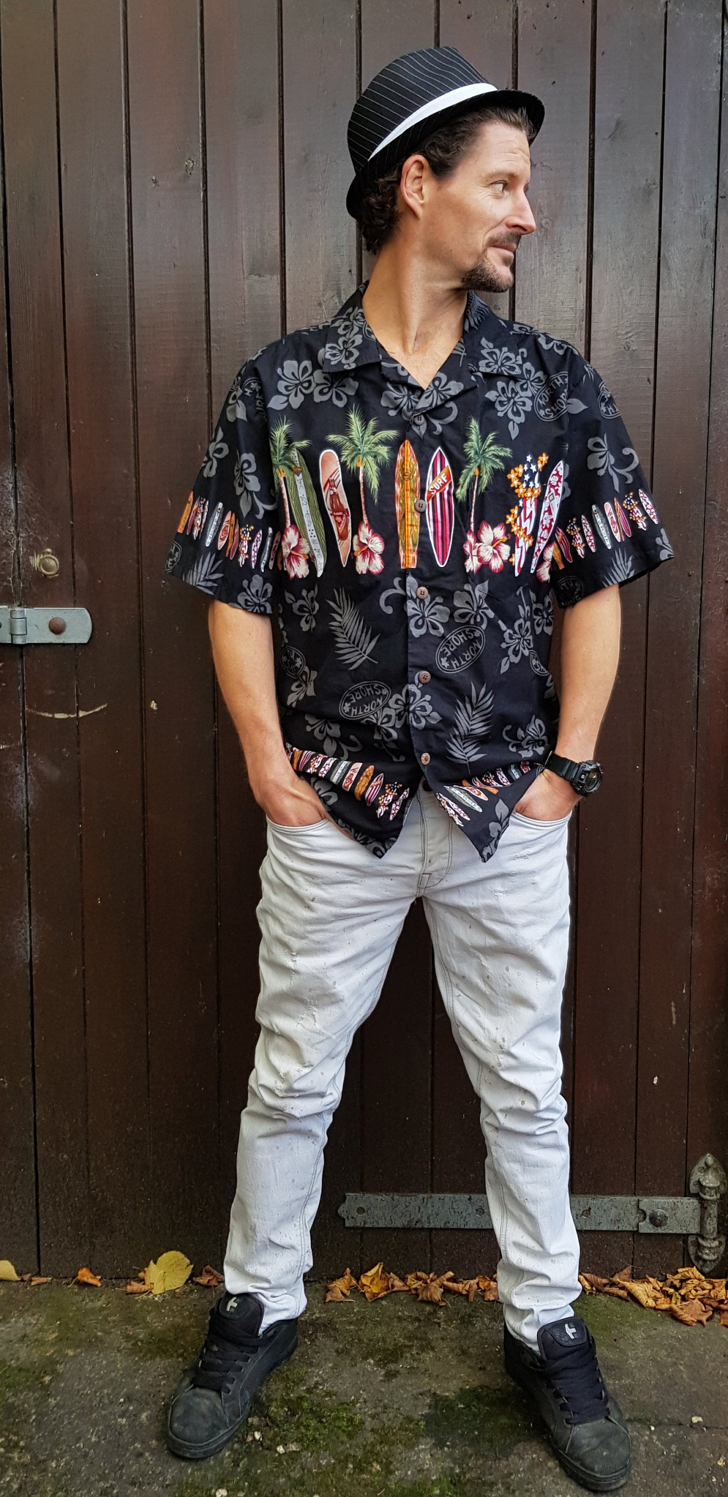 Image of Gorgeous Vintage Black & Red Cotton Surf Print Mens Hawaiian Shirt By Palm Love, Hawaii