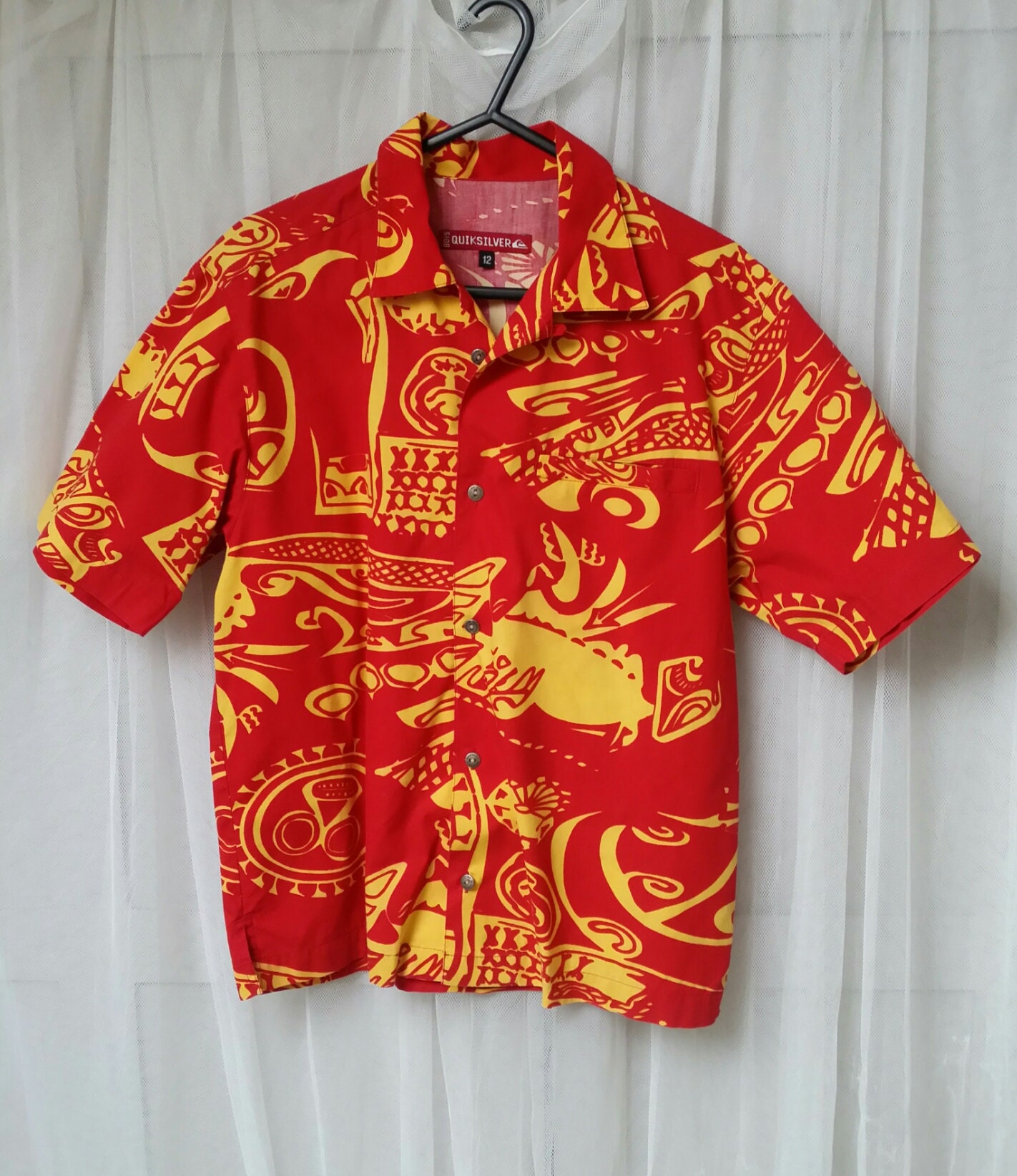 Image of Fabulous Vintage Bright Red & Yellow Abstract Print Boys Kids Hawaiian Shirt By Quicksilver