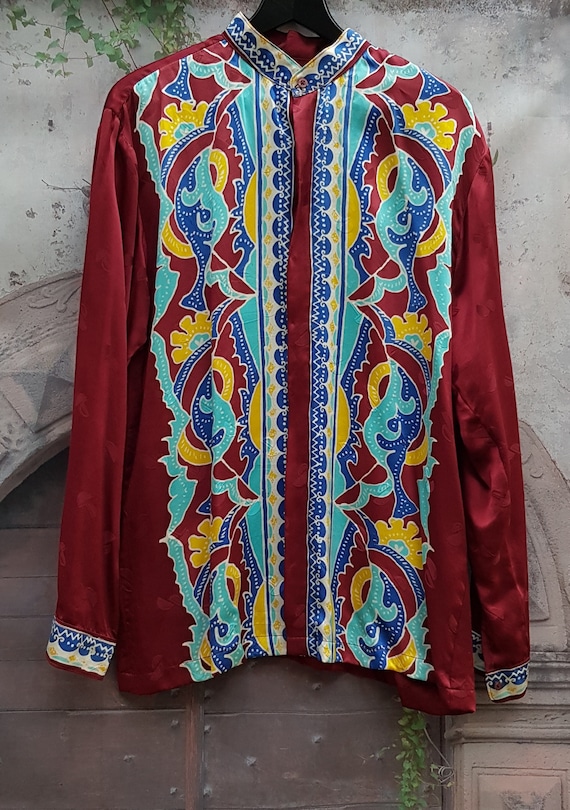 Vintage Men's Shirt: Vintage 1970s Asian Style Burgundy Red Blue Turquoise & Yellow Silk Retro Colourful Abstract Floral Print Mens Shirt