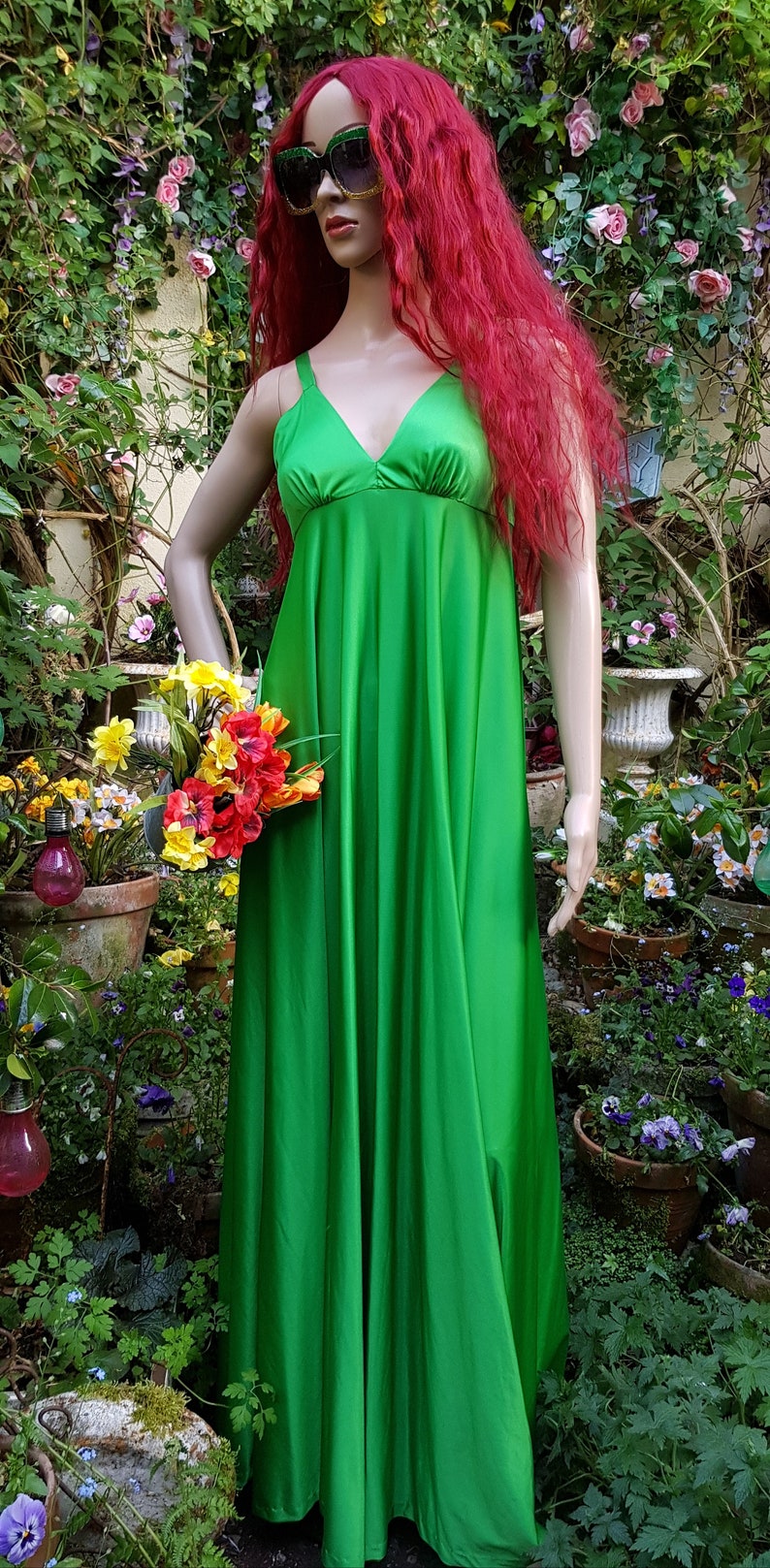 UK 6/8 US 2/4 Fantastic Vintage 1970s Bright Green Slinky Strappy Empire Line Maxi Sun Dress by QUAD image 6