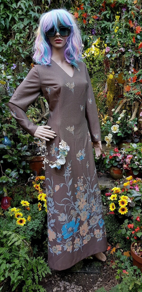 UK 12 14 US 8 10 Funky Vintage 1960s Bronze Orange and Blue Floral Lurex Crimplene Maxi Evening Dress by Norman Linton Etsy