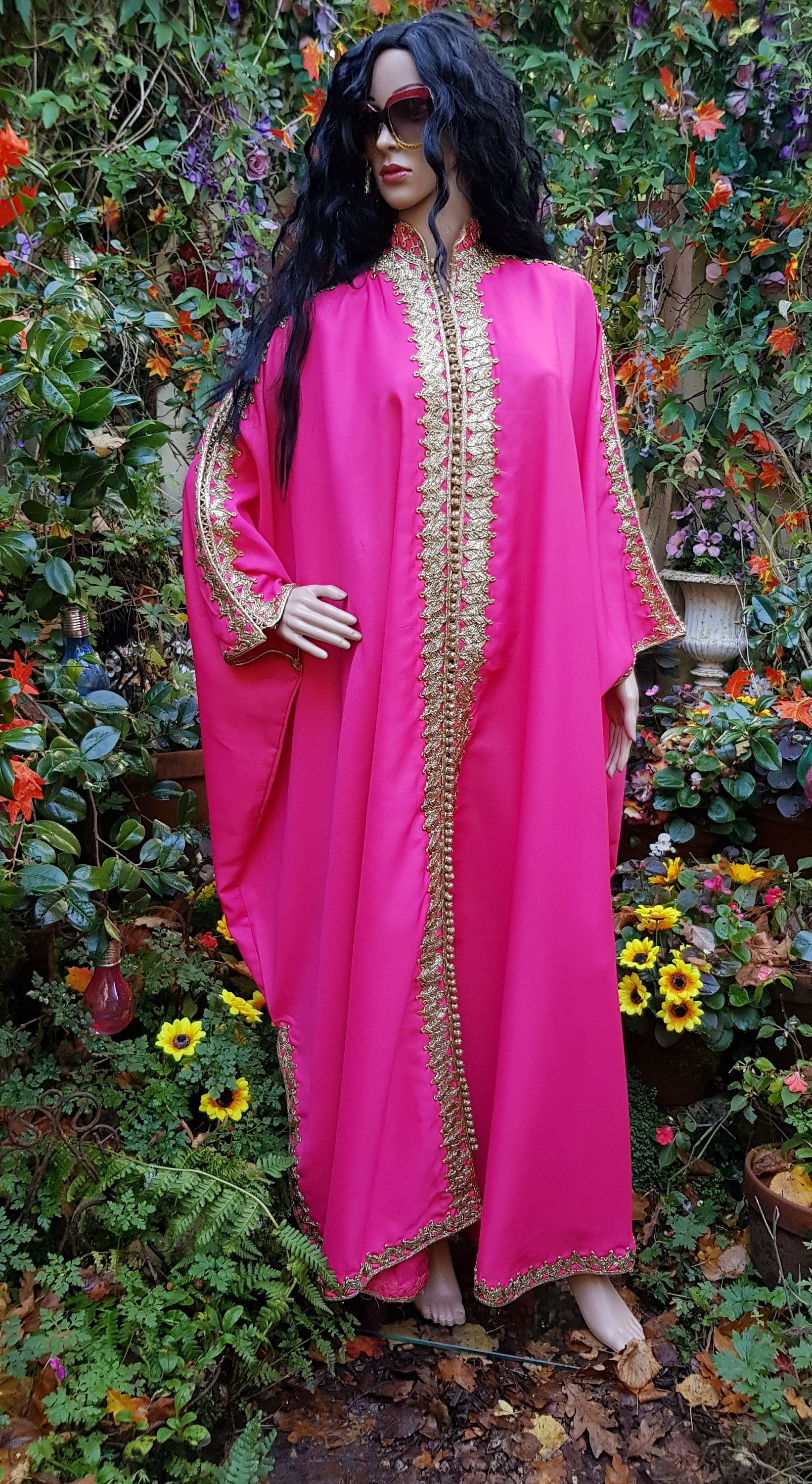 Image of Amazing Epic Vintage ’S Pink & Gold Lurex Trim Kaftan Maxi Dress