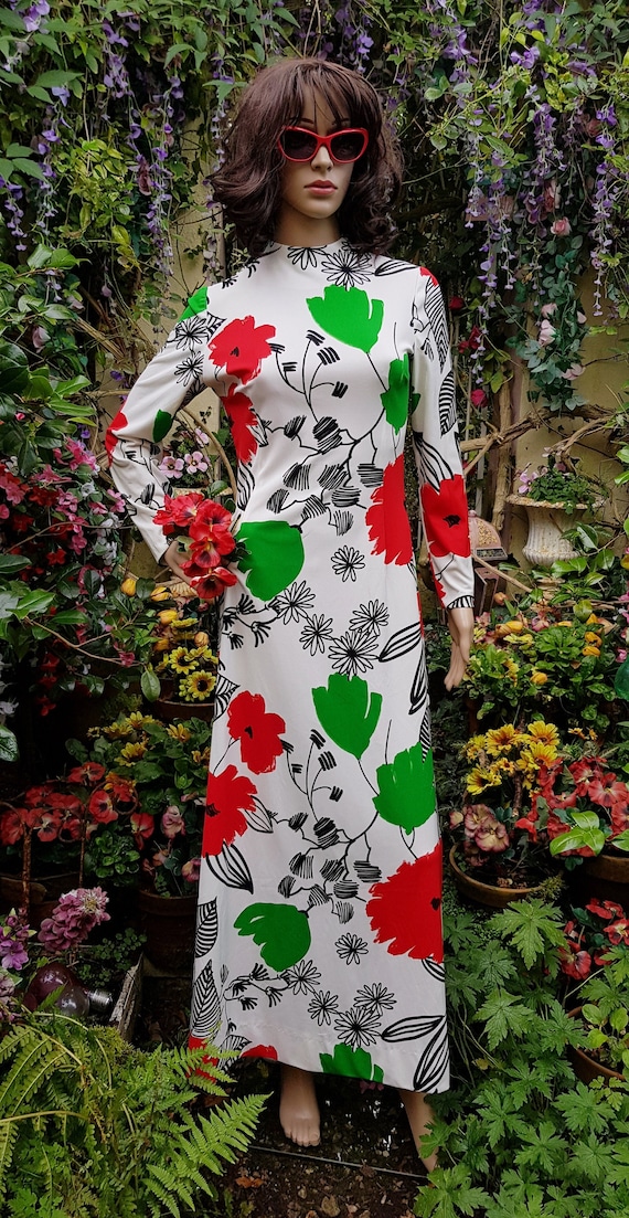 UK 8/10 (US 4/6) Iconic Vintage 1960s/1970s White Red and Green Op Art  Floral Maxi Dress by Anne Fogarty - Etsy