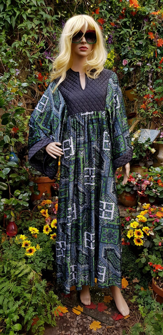 Vintage Kaftan: Amazing Vintage 1970s Green Black… - image 5