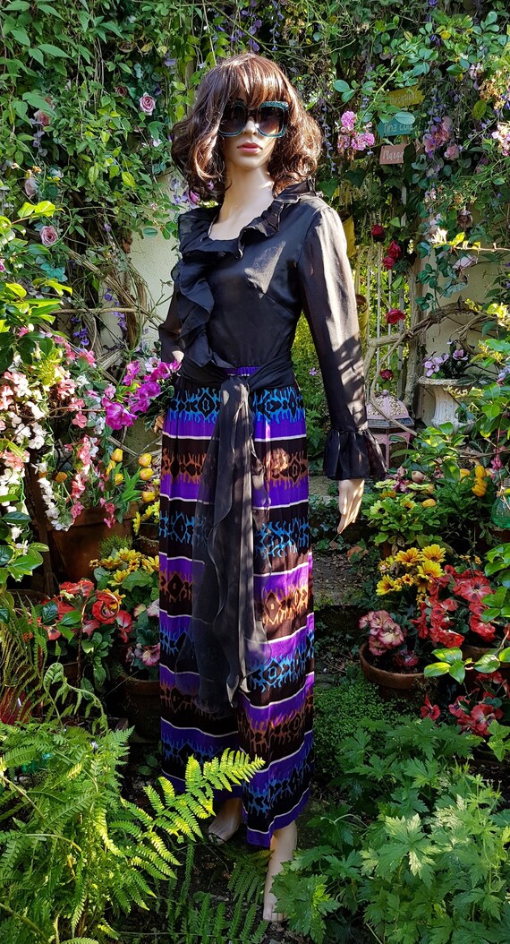 funky maxi dress UK 10 (US 6) Funky Vintage 1970s Handmade Black, Blue, Orange and Purple  Abstract Pattern Maxi Dress With Ruffles