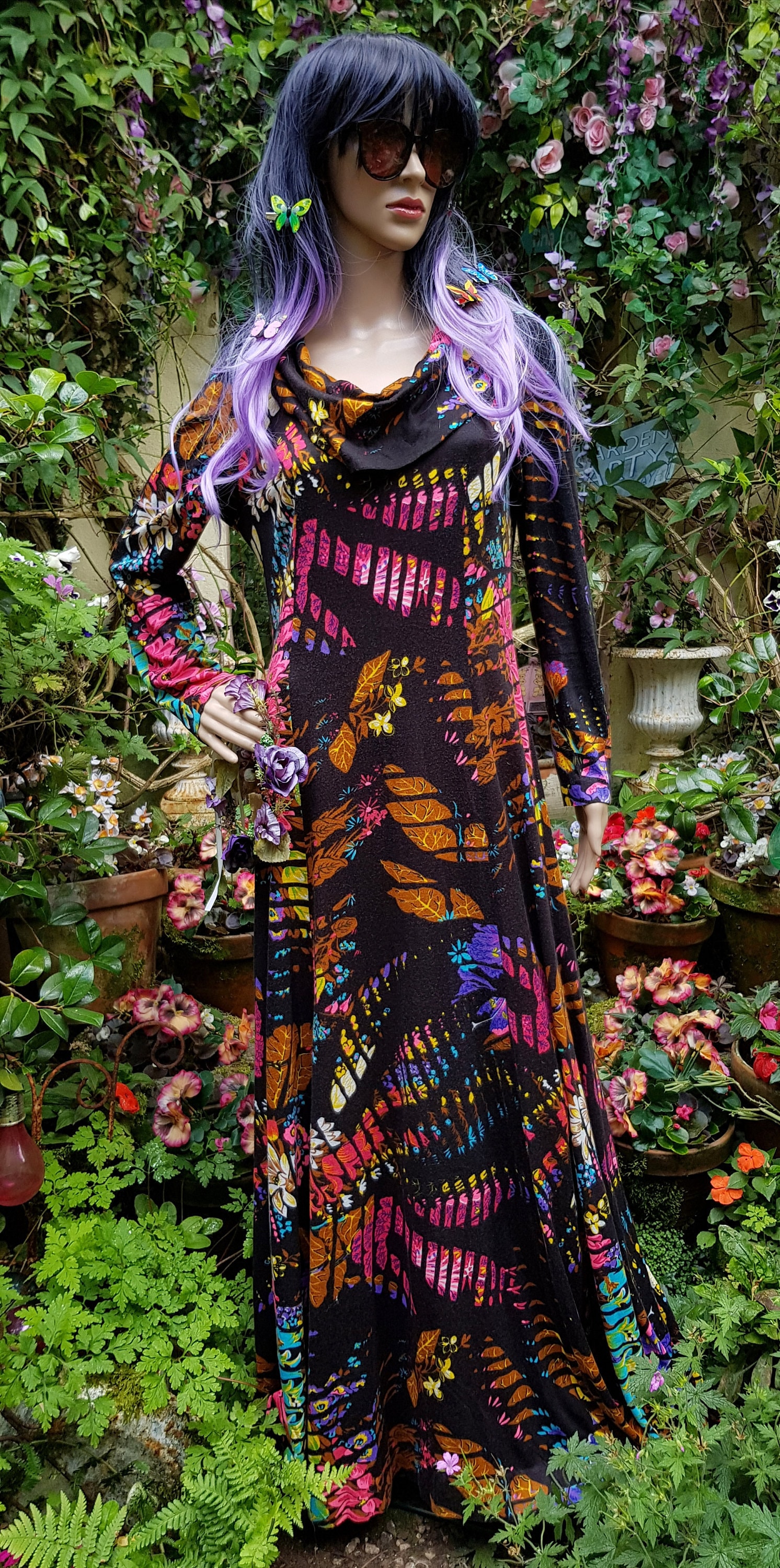 Image of Amazing Gorgeous Vintage S Butterfly Wing Floral Print Cowl Neck Stretch Jersey Maxi Dress By Velida