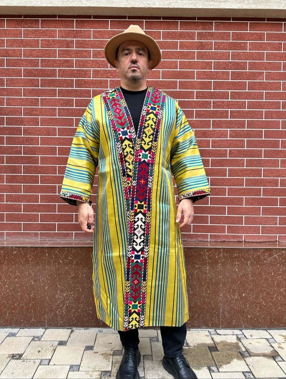 vintage ウズベキスタン　チャパン　コート Vintage Coat: Fabulous Vintage Yellow and Multicoloured Striped