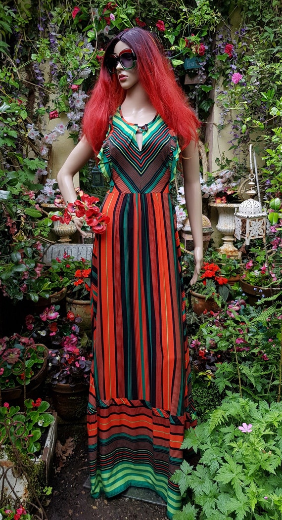 Reserved Larissa - UK 8/10 (US 4/6) Gorgeous Vintage 1970's Green Black and Orange Striped Cotton Maxi Dress by Irvine Sellars