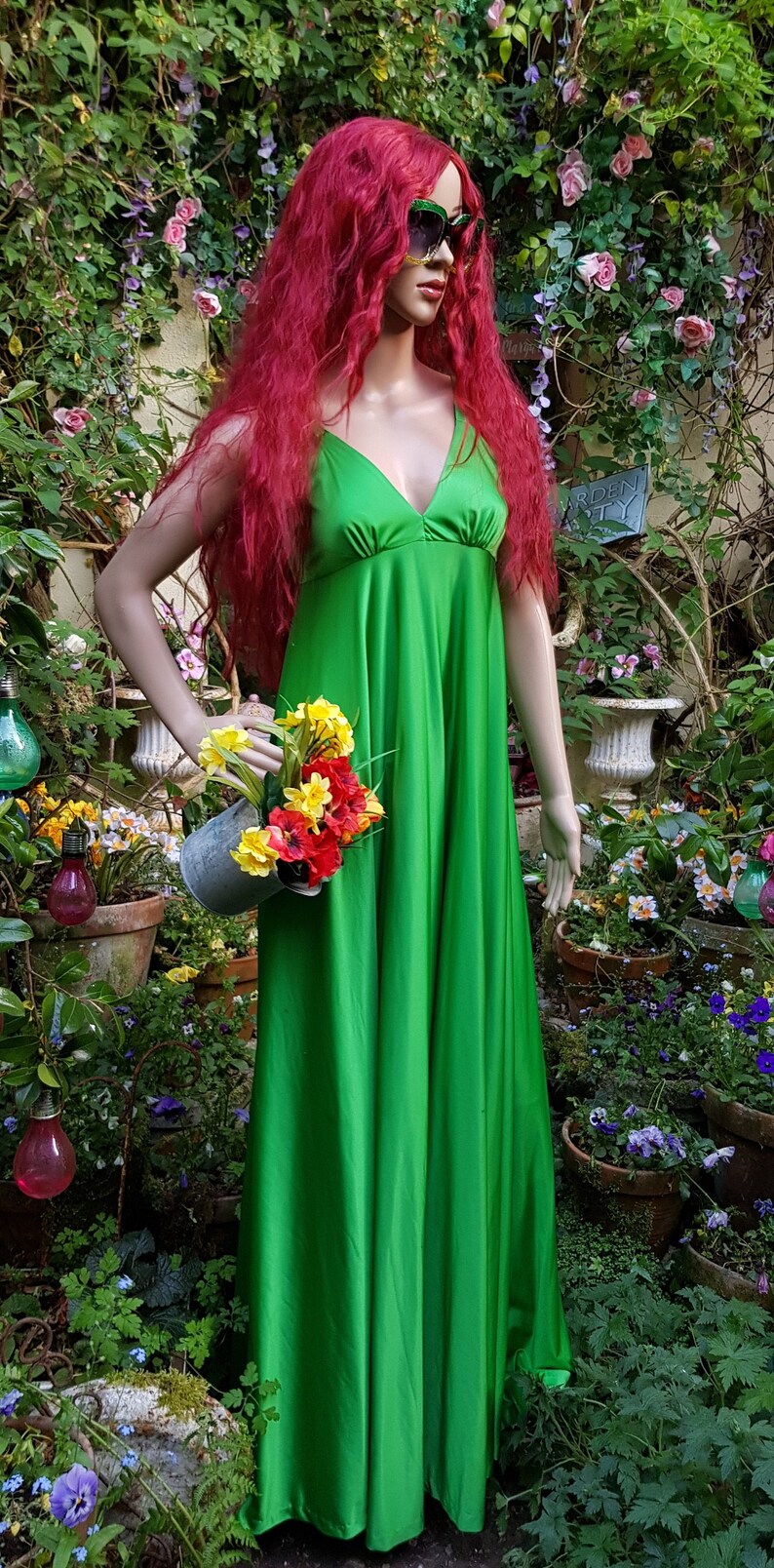 UK 6/8 US 2/4 Fantastic Vintage 1970s Bright Green Slinky Strappy Empire Line Maxi Sun Dress by QUAD image 1