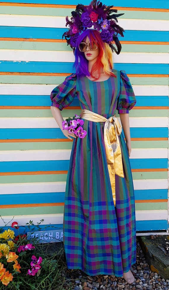 striped dress gold or blue UK 8 (US 4) Fab Vintage Early 1980s Teal Green & Purple Check Stripe Maxi With Lame Sash All Flats
