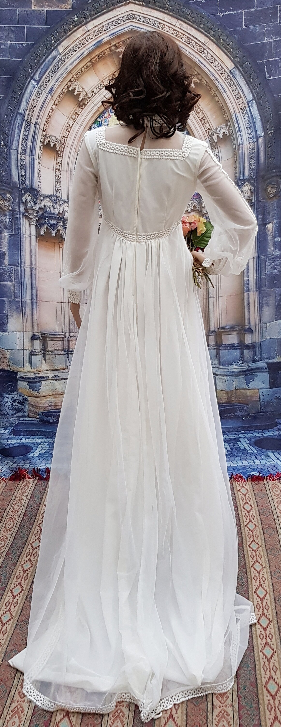 Beautiful Vintage 1970s White Net and Lace Edwardian Style