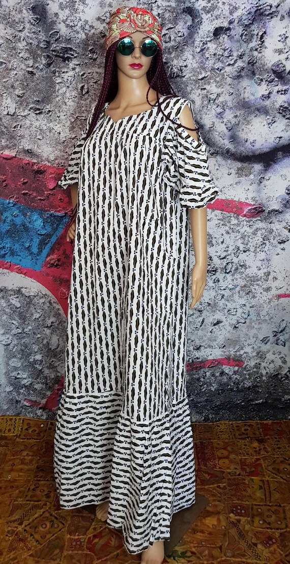 UK 18/20 (US 14/16) Funky Vintage 1980s Black and White Abstract Geometric Pattern African Ankara Dress - Made in Cote d'Ivoire