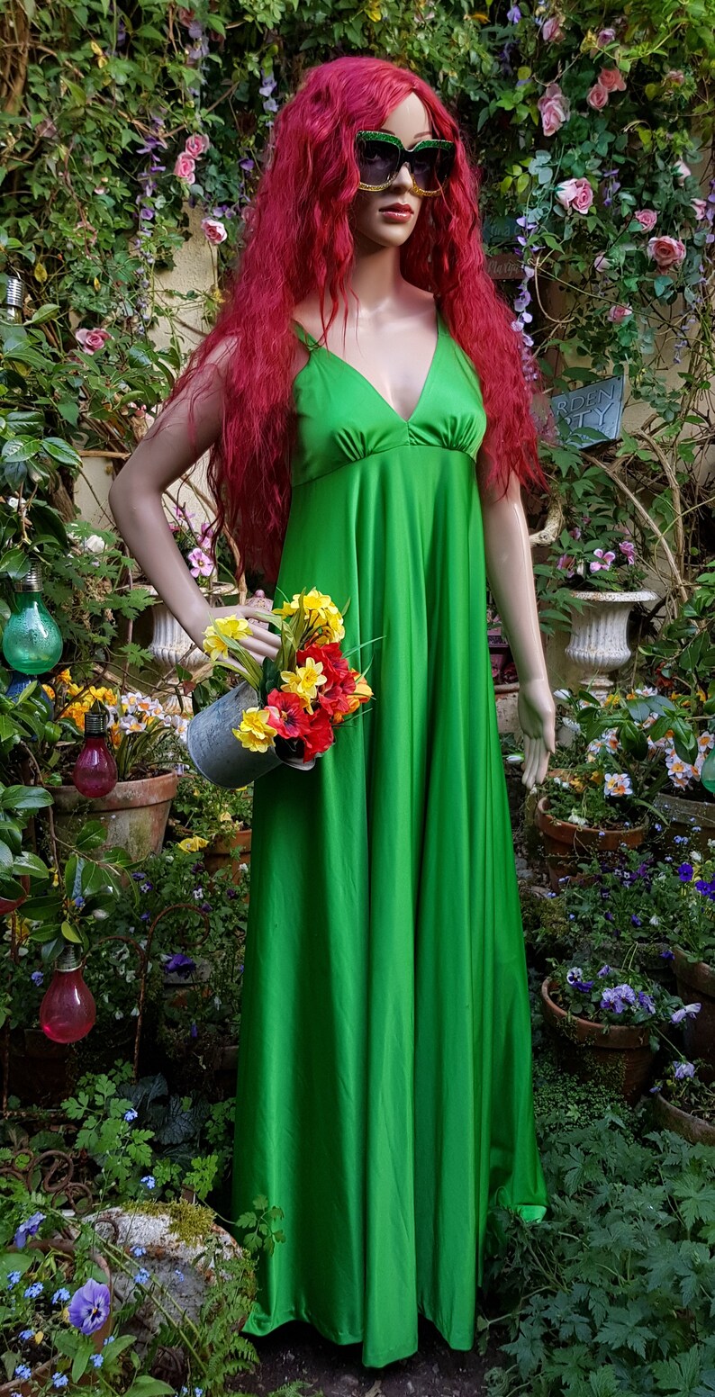 UK 6/8 US 2/4 Fantastic Vintage 1970s Bright Green Slinky Strappy Empire Line Maxi Sun Dress by QUAD image 2