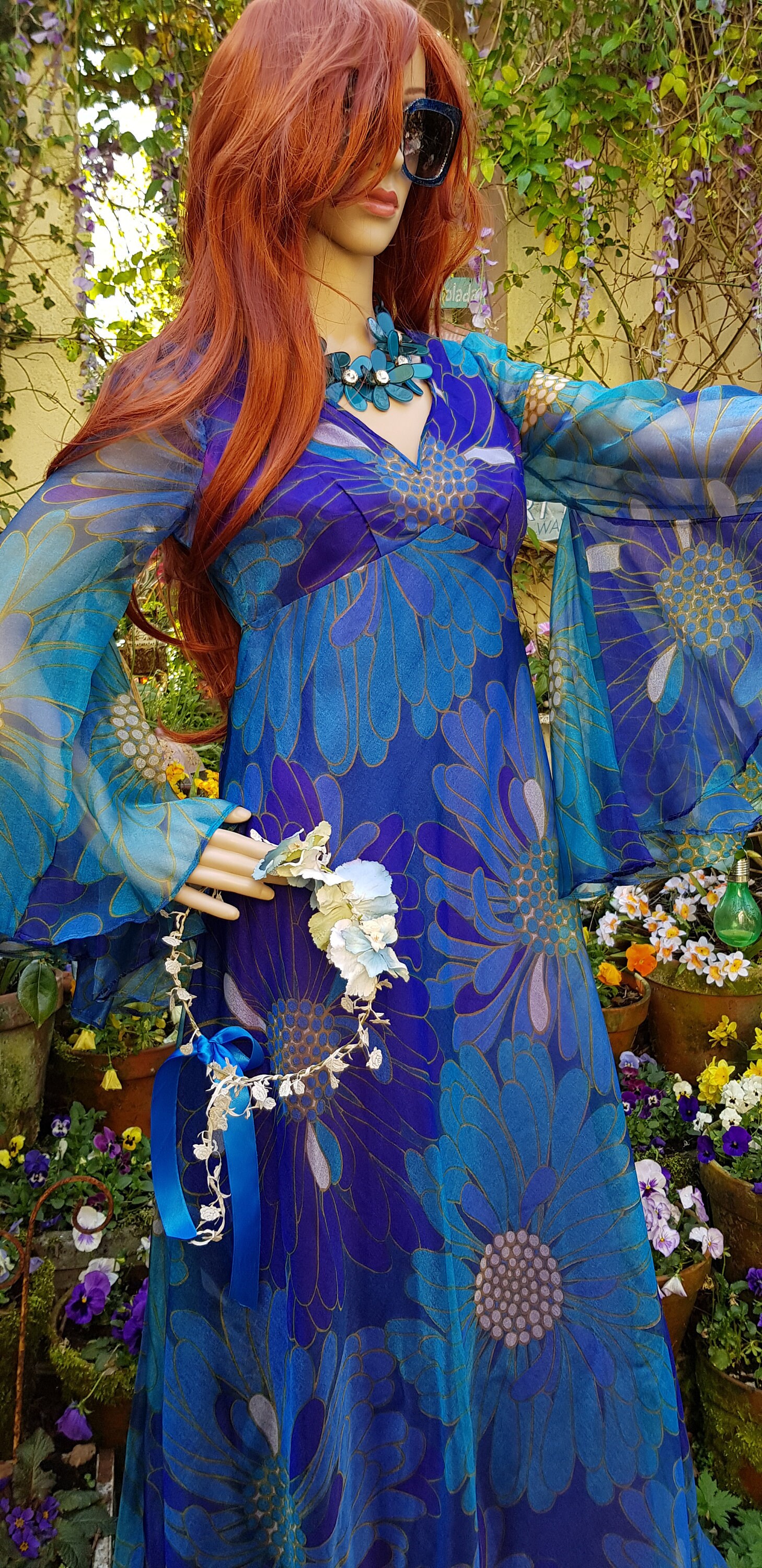Image of Amazing Vintage S Blue & Turquoise Shimmering Floral Floaty Maxi Dress With Flared Angel Sleeves