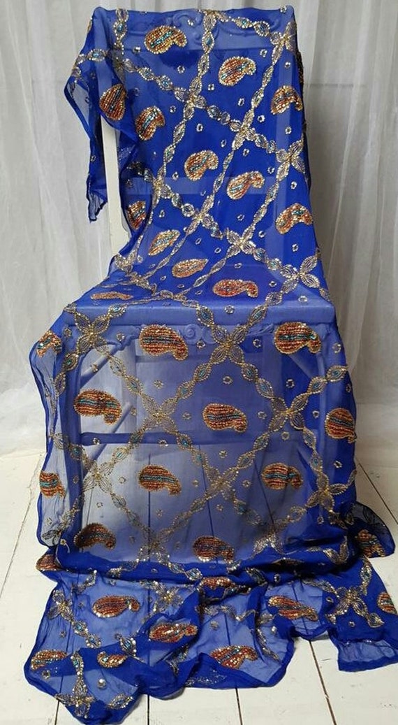 Vintage Shawl: Gorgeous Vintage Blue Silk Chiffon… - image 8