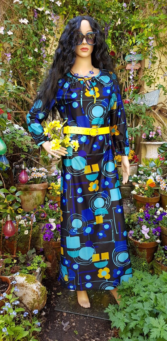 UK 12 (US 8) エピック ヴィンテージ 1970 年代 ブルーとイエローの花