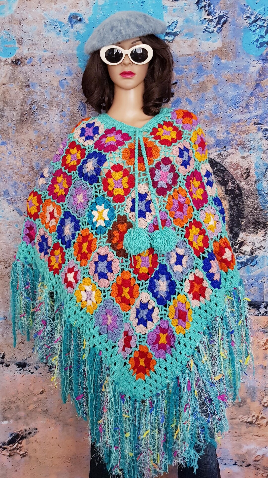 argue★SHETLAND WOOL LINEN VINTAGE PONCHO Vintage Poncho: Gorgeous Upcycled Vintage Turquoise Blue