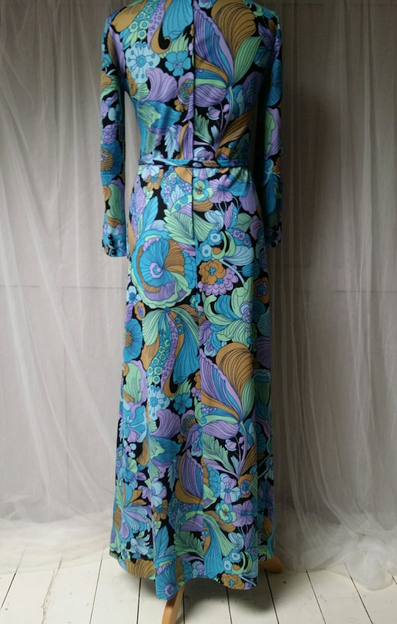 Striking Vintage 1970s Blue and Green Floral Belted Cowl Necked Maxi Dress 0363
