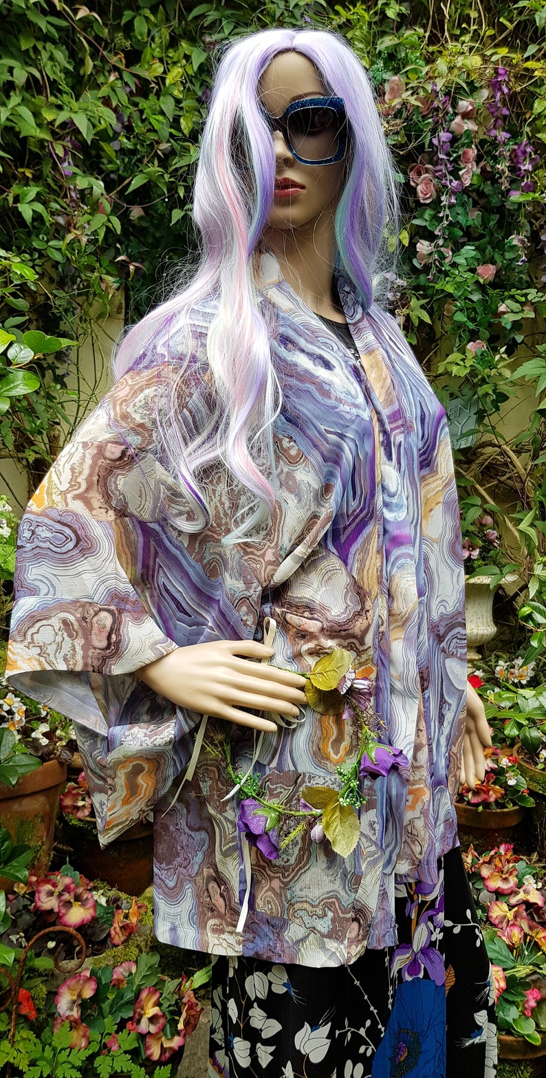 UK 10 US 6 Lovely Vintage Blue, Purple, Orange, Brown Sheer Chiffon Kimono Style Summer Jacket/Top image 4