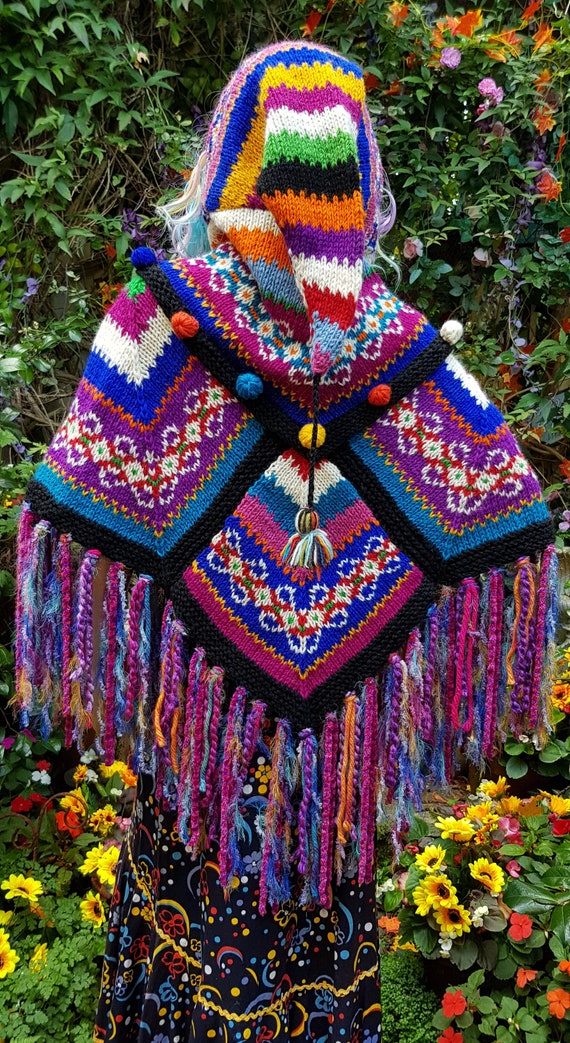 Vintage Poncho: Absolutely Stunning Purple and Mulicoloured Hooded