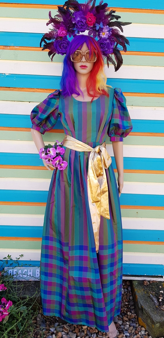 UK 8 (US 4) Fab Vintage Early 1980s Teal Green Blue & Purple Check Stripe Maxi Dress With Gold Lame Sash