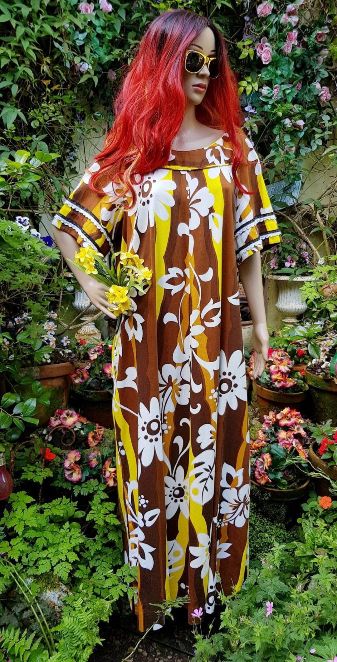 ワンピース Heriter Table cloth kaftan dress Vintage Kaftan: Gorgeous Vintage 1960s/1970s Yellow, White and