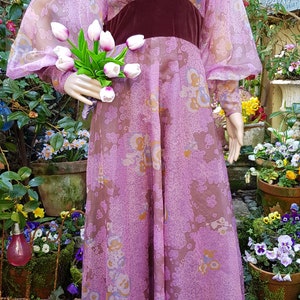 UK 8/10 US 4/6 Amazing Vintage 70's Quad Purple Iridescent Floral Organza and Velvet Maxi Dress with Balloon/Poet/Bishop Sleeves image 4