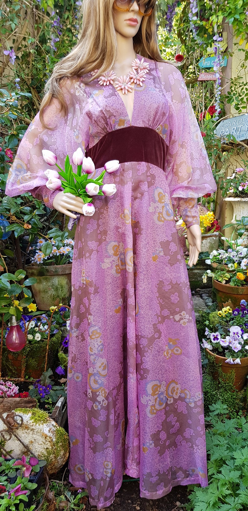 UK 8/10 US 4/6 Amazing Vintage 70's Quad Purple Iridescent Floral Organza and Velvet Maxi Dress with Balloon/Poet/Bishop Sleeves image 4