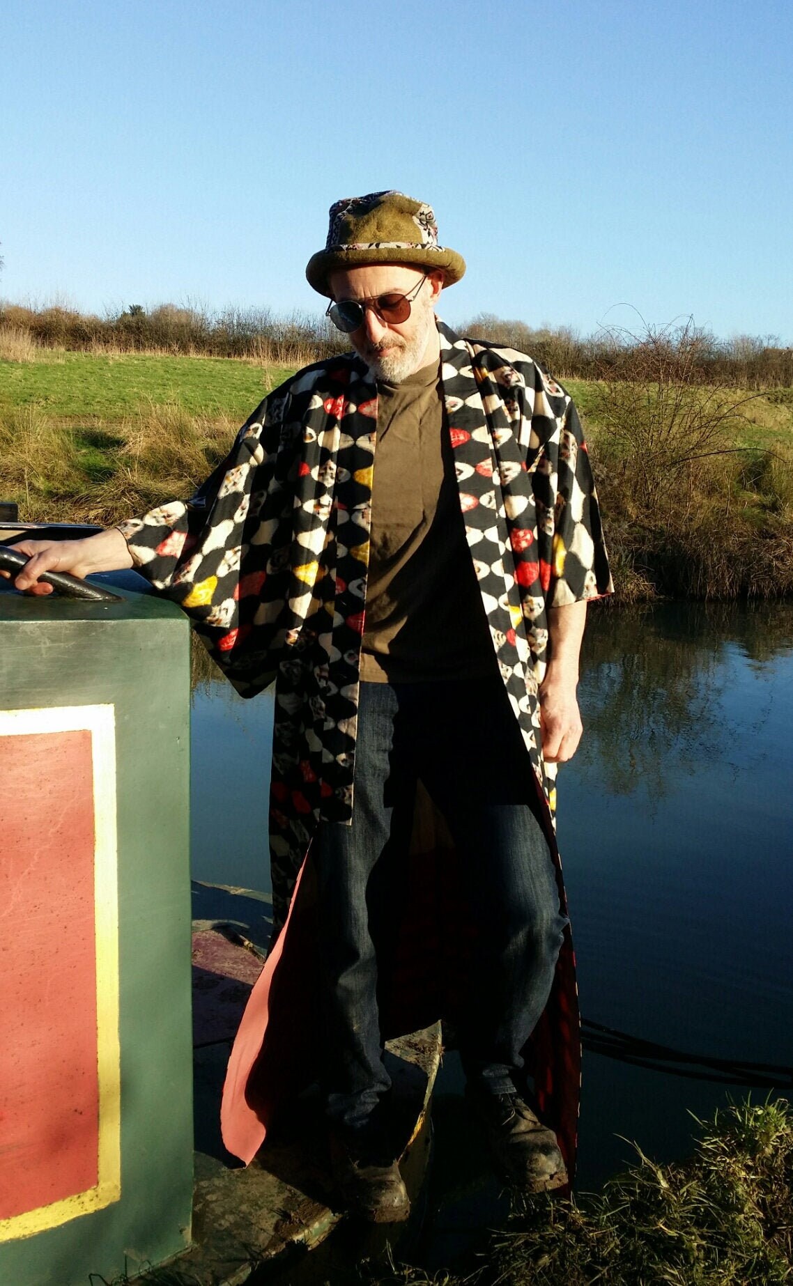 Image of stunning Vintage Antique 1920S Meisen Black, Cream & Red/Orange Abstract Print Japanese Silk Cotton Long Kimono