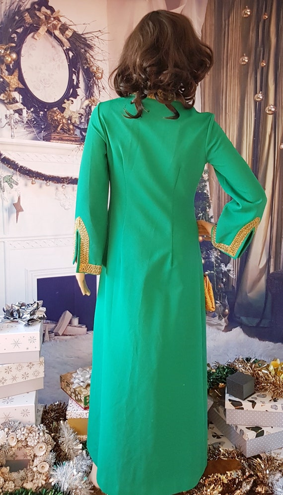 Vintage Kaftan: Gorgeous Vintage 1960s / 1970s Green and Gold Lurex Trim Zip Front Kaftan Maxi Dress by Norman Linton