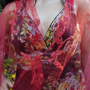 Vintage Shawl: Stunning Vintage Red Embroidered Fine Woven Silk Sheer Shawl with Floral Embroidery