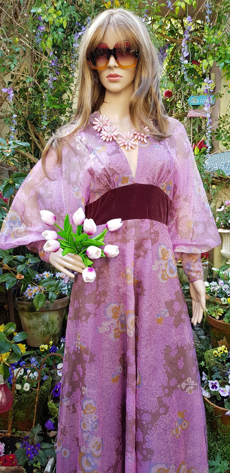 UK 8/10 US 4/6 Amazing Vintage 70's Quad Purple Iridescent Floral Organza and Velvet Maxi Dress with Balloon/Poet/Bishop Sleeves image 1