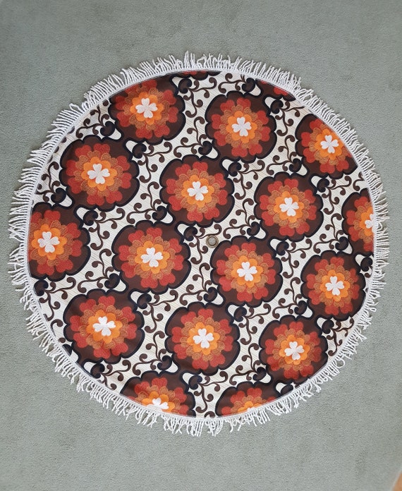 Vintage Tablecloth: Funky Vintage 1970s Brown Orange and White Flower Power Round Tablecloth