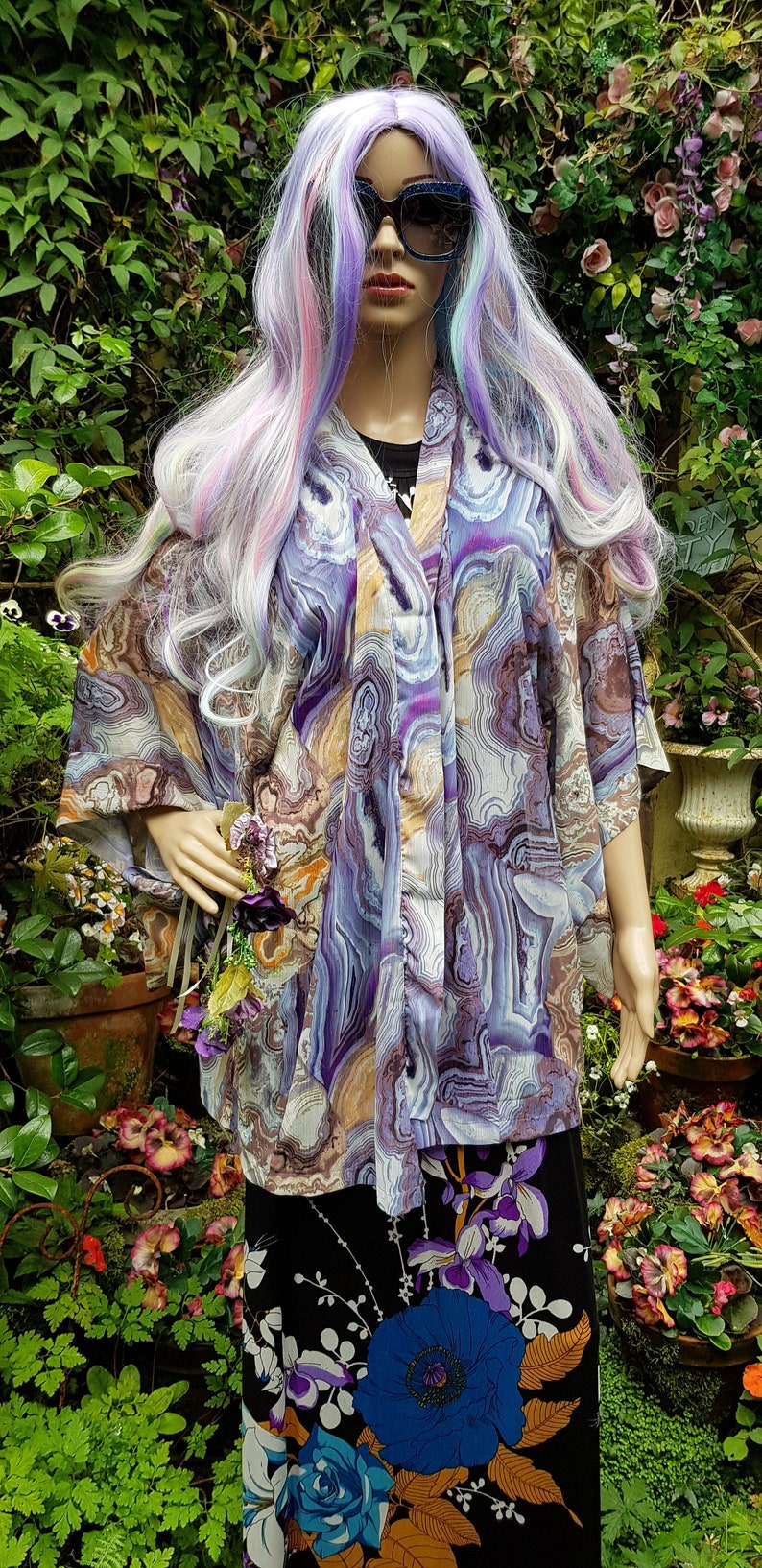 UK 10 US 6 Lovely Vintage Blue, Purple, Orange, Brown Sheer Chiffon Kimono Style Summer Jacket/Top image 1