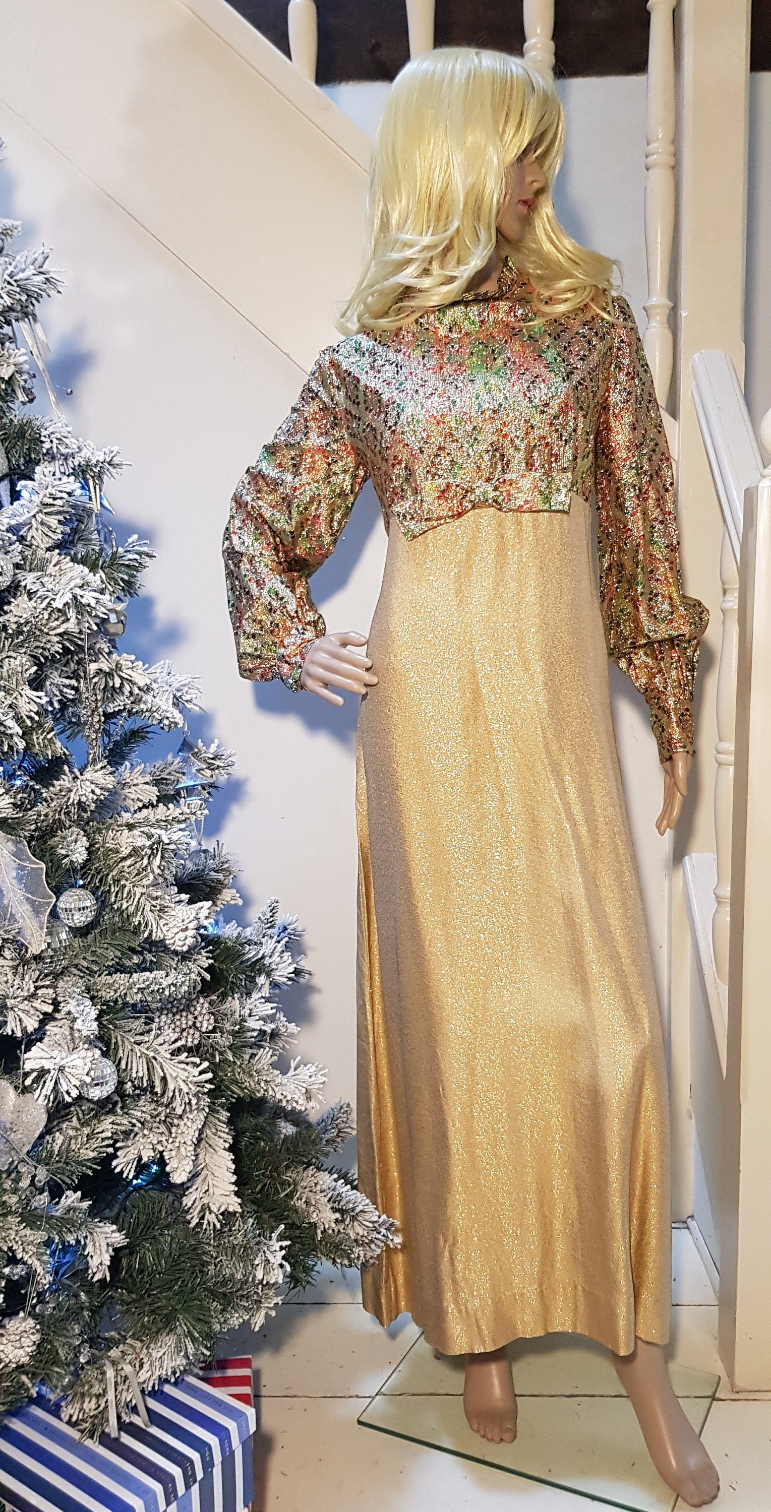 Image of Bonkers Vintage S Psychedelic Hand Made Gold & Rainbow Lurex Glittery High Collar Evening Maxi Dress