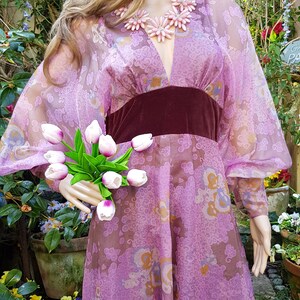 UK 8/10 US 4/6 Amazing Vintage 70's Quad Purple Iridescent Floral Organza and Velvet Maxi Dress with Balloon/Poet/Bishop Sleeves image 5