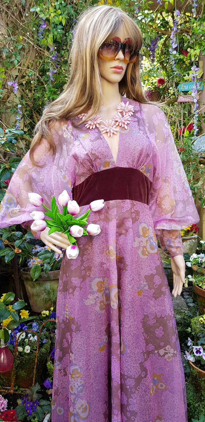 UK 8/10 US 4/6 Amazing Vintage 70's Quad Purple Iridescent Floral Organza and Velvet Maxi Dress with Balloon/Poet/Bishop Sleeves image 5